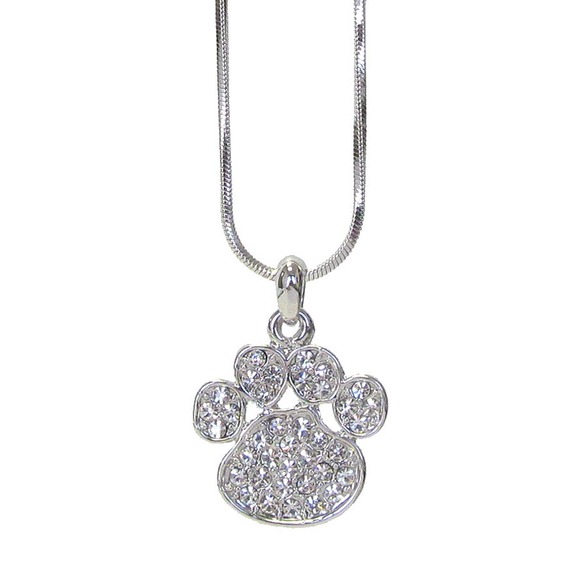 Paw Print Necklace White Gold Plated Pendant with Crystals - Picture 2 of 8